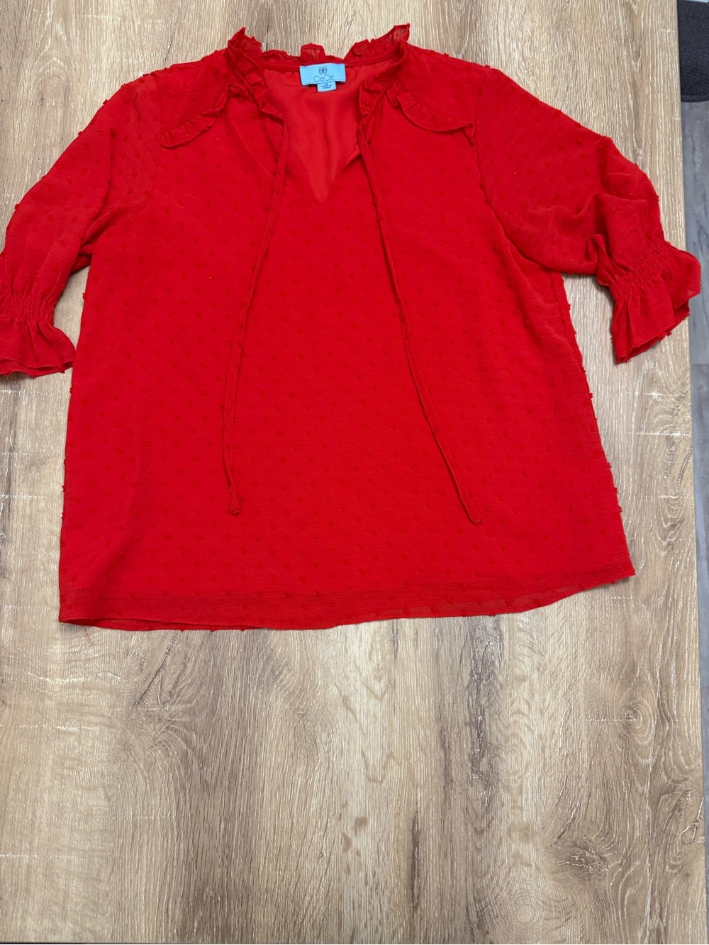 CeCe Red Swiss Dot Ruffle Tie-Neck Blouse